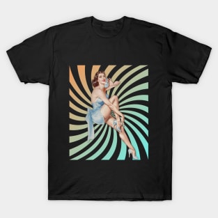 Retro Swirl Background Pin-up Girl with Phone Illustration Art T-Shirt